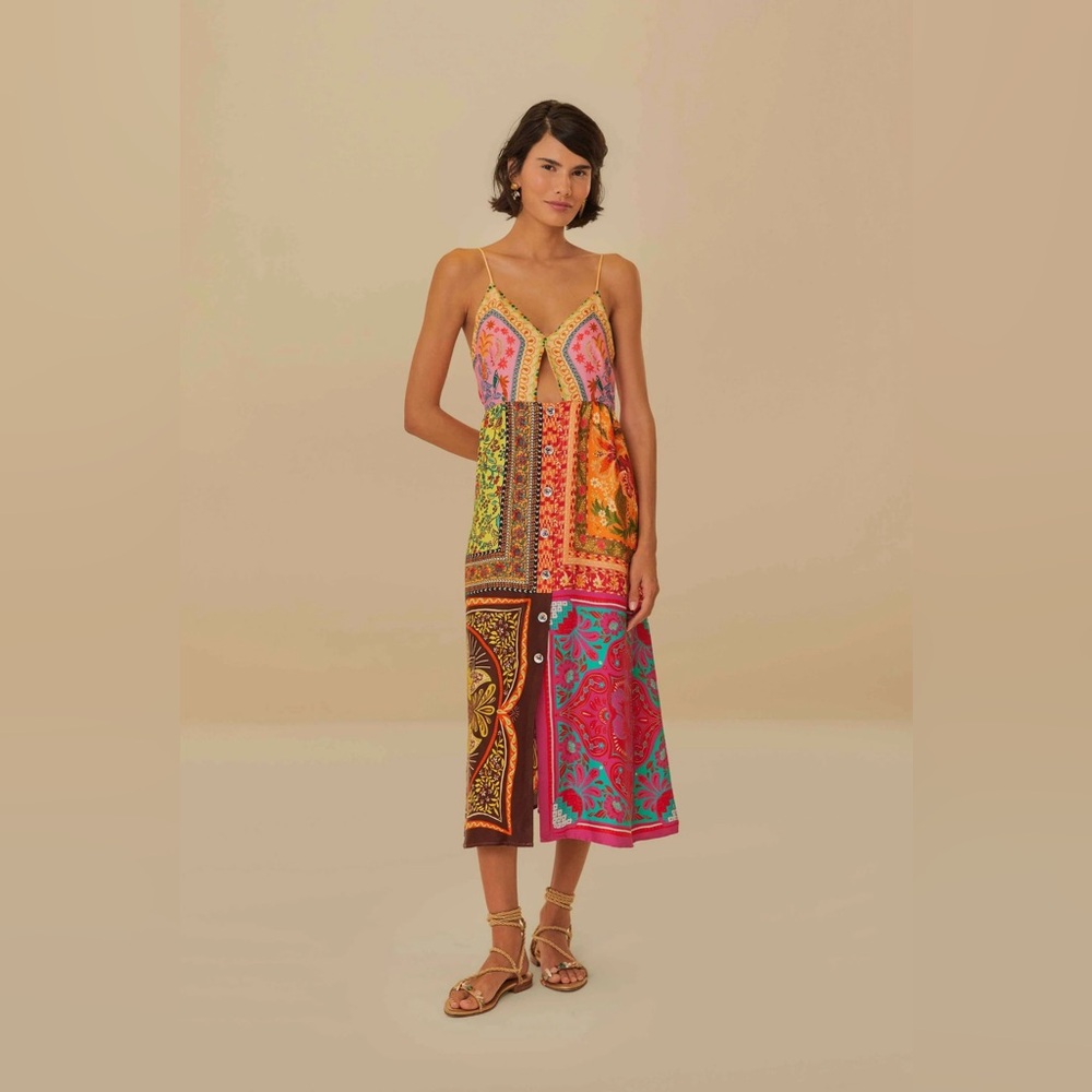 NWT FARM RIO Multicolored Mixed Scarves Viscose Midi Dress